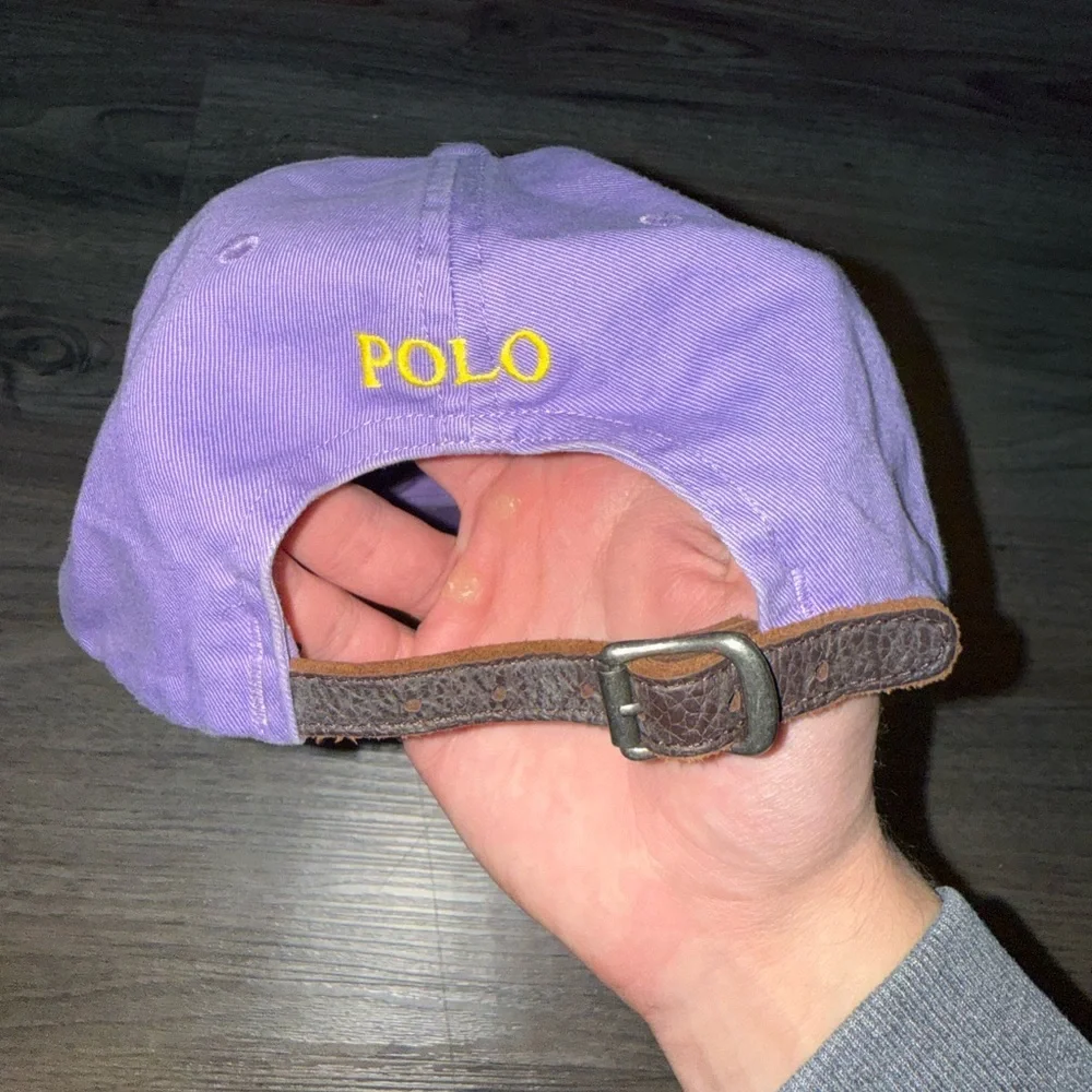 Vintage Polo Ralph Lauren Hat Cap Purple Classic Yellow Pony Leather Strapback - Picture 2 of 3